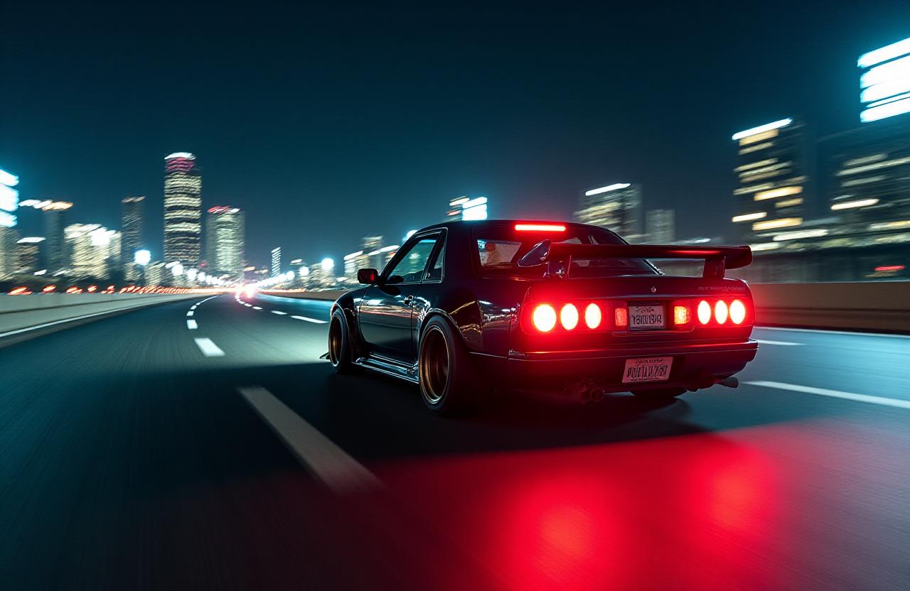 夜の首都高速道路を駆け抜ける改造された日本車