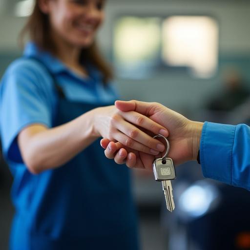 Petugas ramah menerima kunci mobil pelanggan